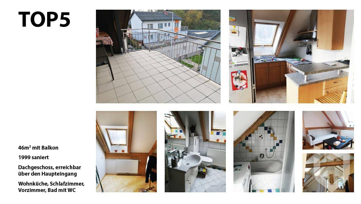 Collage der Wohneinheit TOP5 mit Balkon, Küche und Badezimmer im Dachgeschoss.