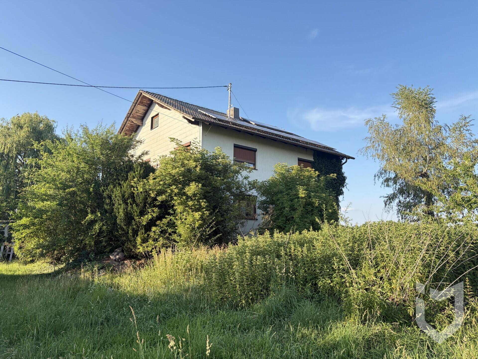 Rückseite des Hauses mit üppiger Vegetation und Solarmodulen auf dem Dach.