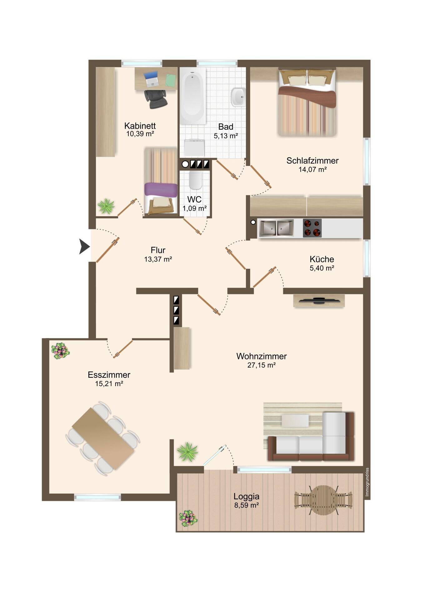 Detaillierter Grundriss der Wohnung mit Raumaufteilung und Flächenangaben.