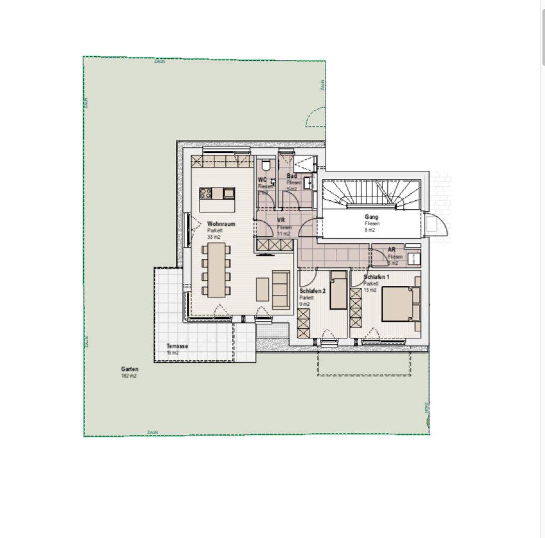 Grundriss einer Wohnung mit Wohnraum, zwei Schlafzimmern, Bad und Terrasse mit Garten.