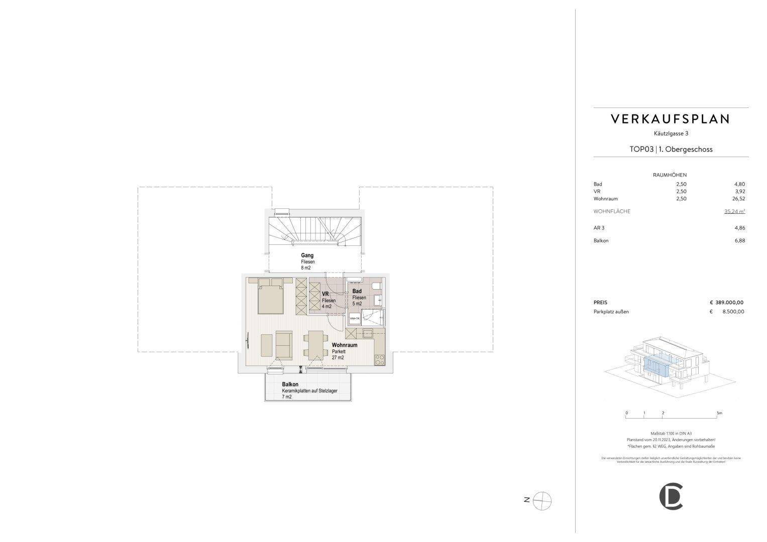 Grundriss des ersten Obergeschosses mit Wohnraum, Schlafzimmer, Bad und Balkon.