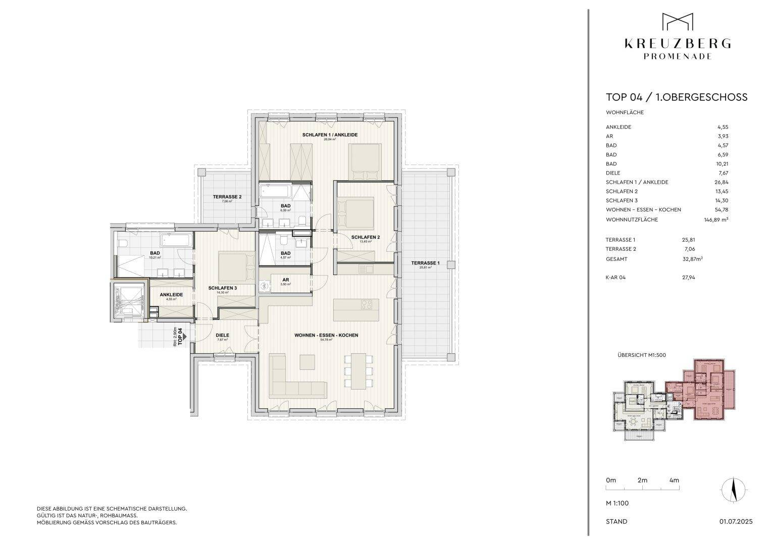 Grundriss einer Wohnung mit drei Schlafzimmern, offenem Wohnbereich und zwei Terrassen.