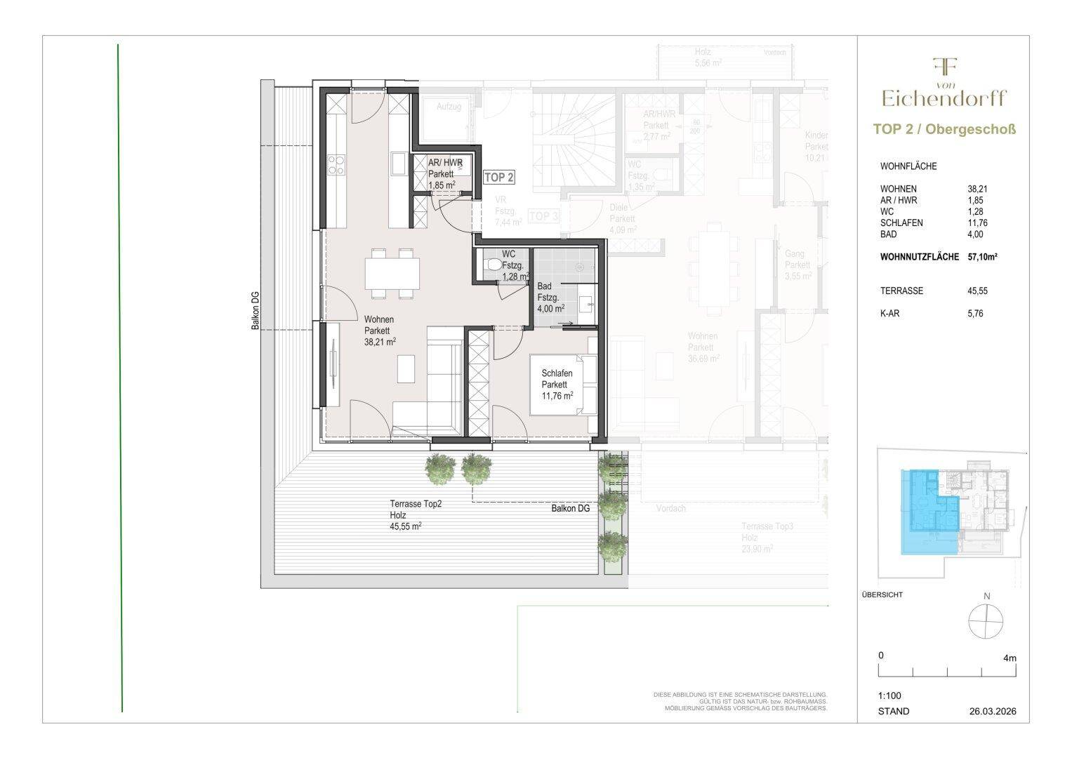 Grundriss der Obergeschosswohnung mit großem Wohnbereich, Schlafzimmer und weitläufiger Terrasse.