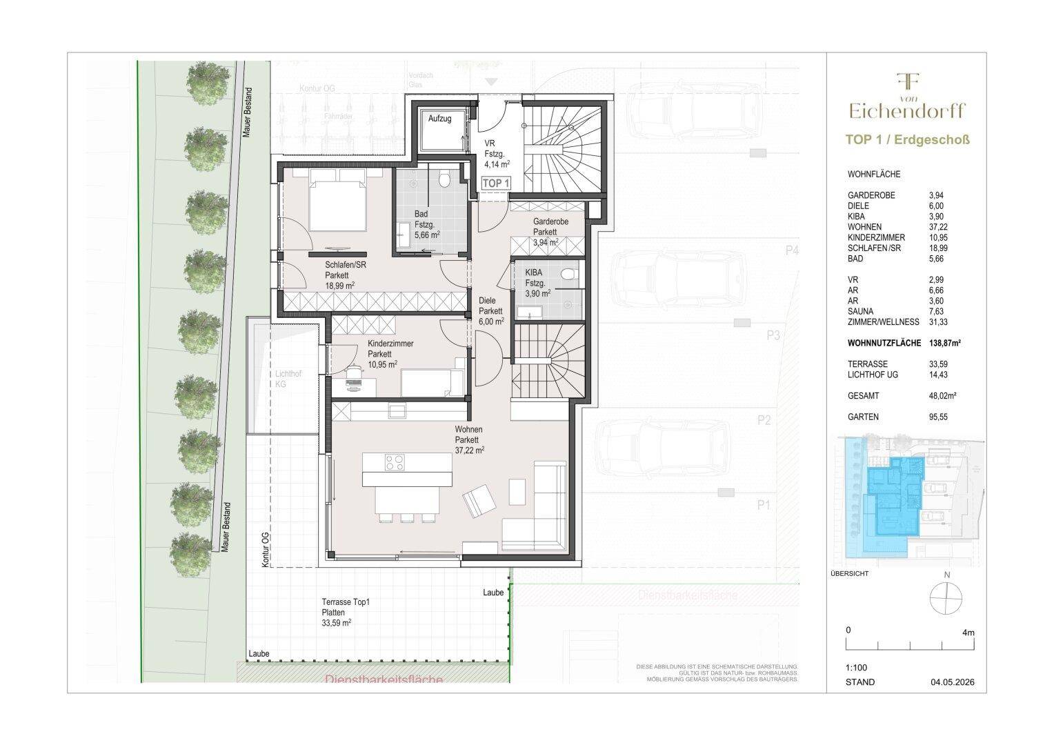 Grundriss des Erdgeschosses mit offenem Wohnbereich, Schlafzimmern, Bad, Terrasse und Garten.