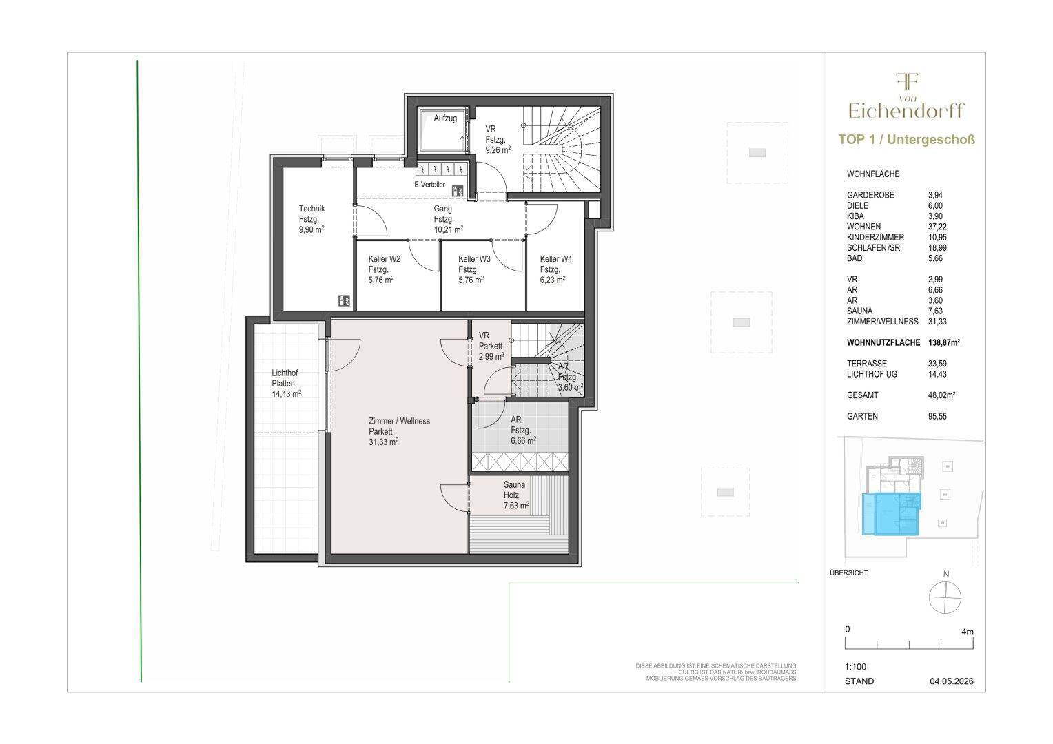 Grundriss des Untergeschosses mit Wellnessbereich, Sauna, Kellerräumen und Lichthof.