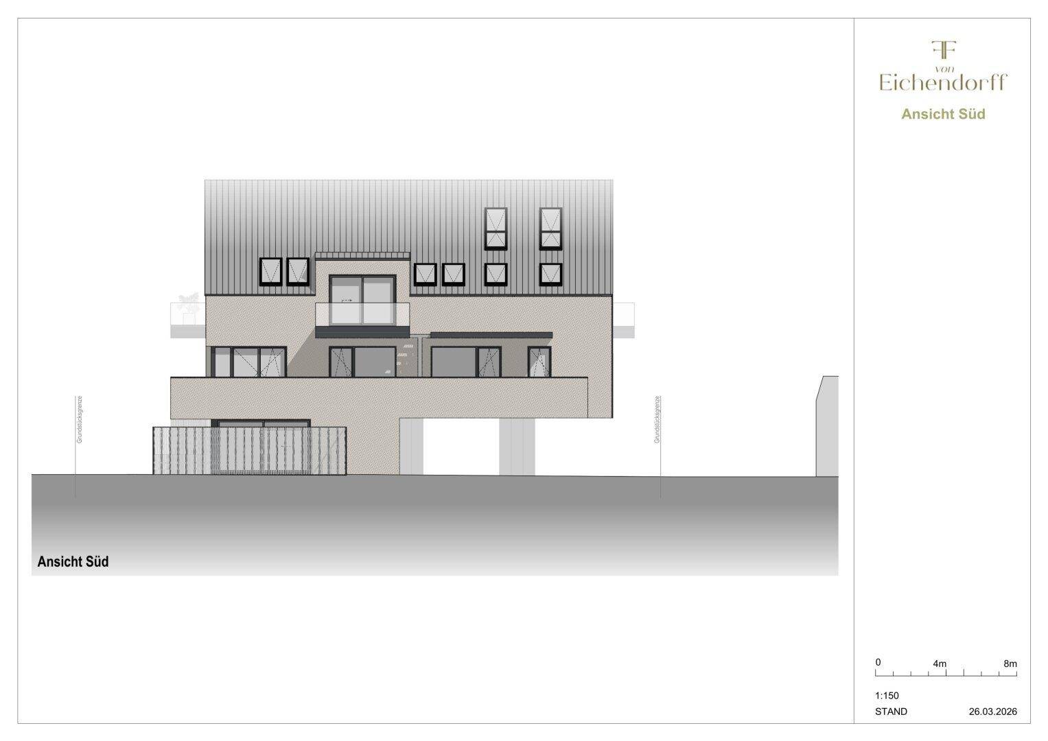 Südansicht des Gebäudes mit Fensteranordnung und Dachgestaltung.