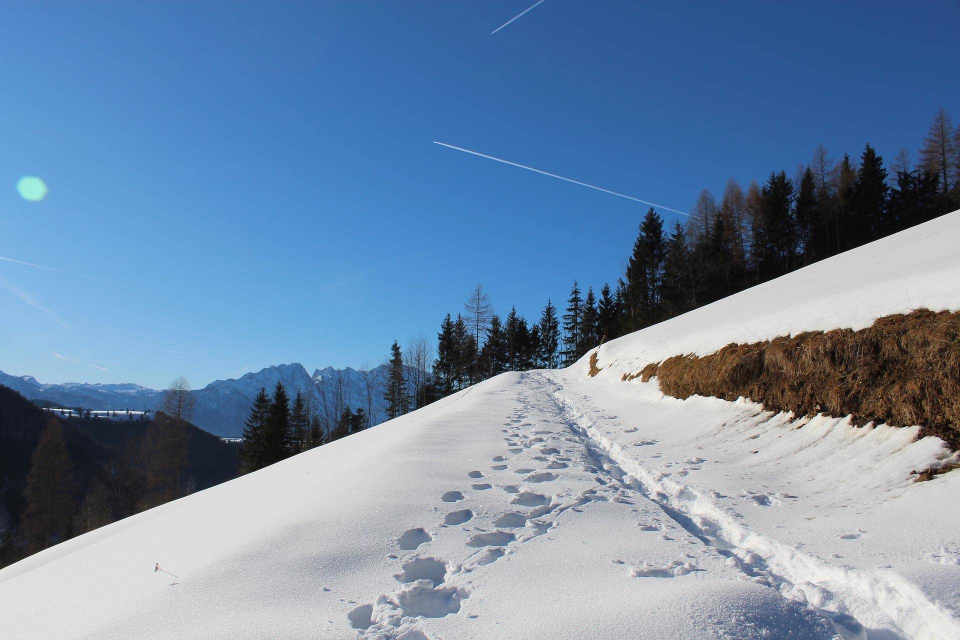 Verschneiter Wanderweg durch eine winterliche Berglandschaft unter klarem blauem Himmel.