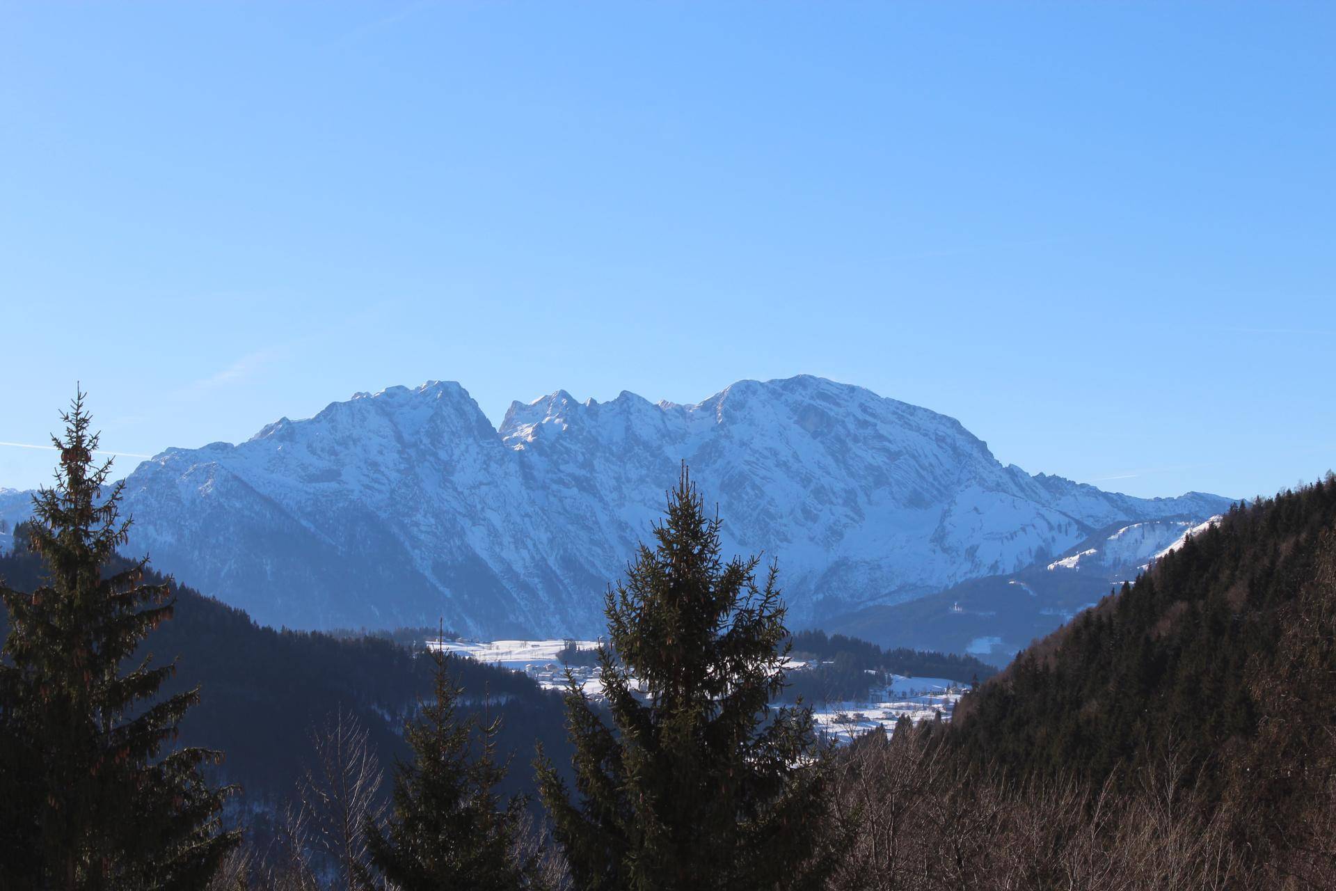 Panoramablick auf schneebedeckte Berggipfel und Nadelwälder unter einem klaren Winterhimmel.
