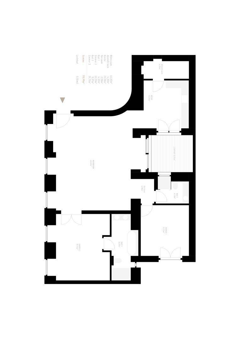 Übersichtlicher Grundriss einer Wohnung mit offenem Wohnbereich, Balkon und mehreren Zimmern.