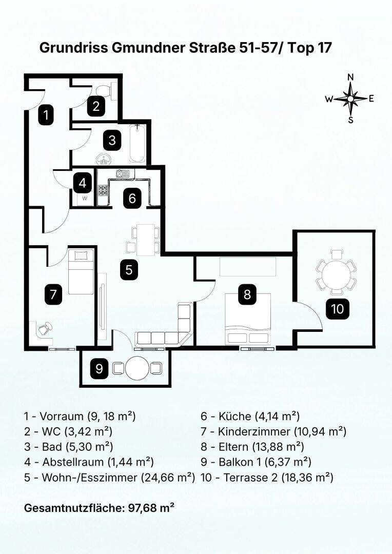 Grundriss der Wohnung Top 17 mit Wohn-Esszimmer, Küche, Schlafzimmern und zwei Balkonen.