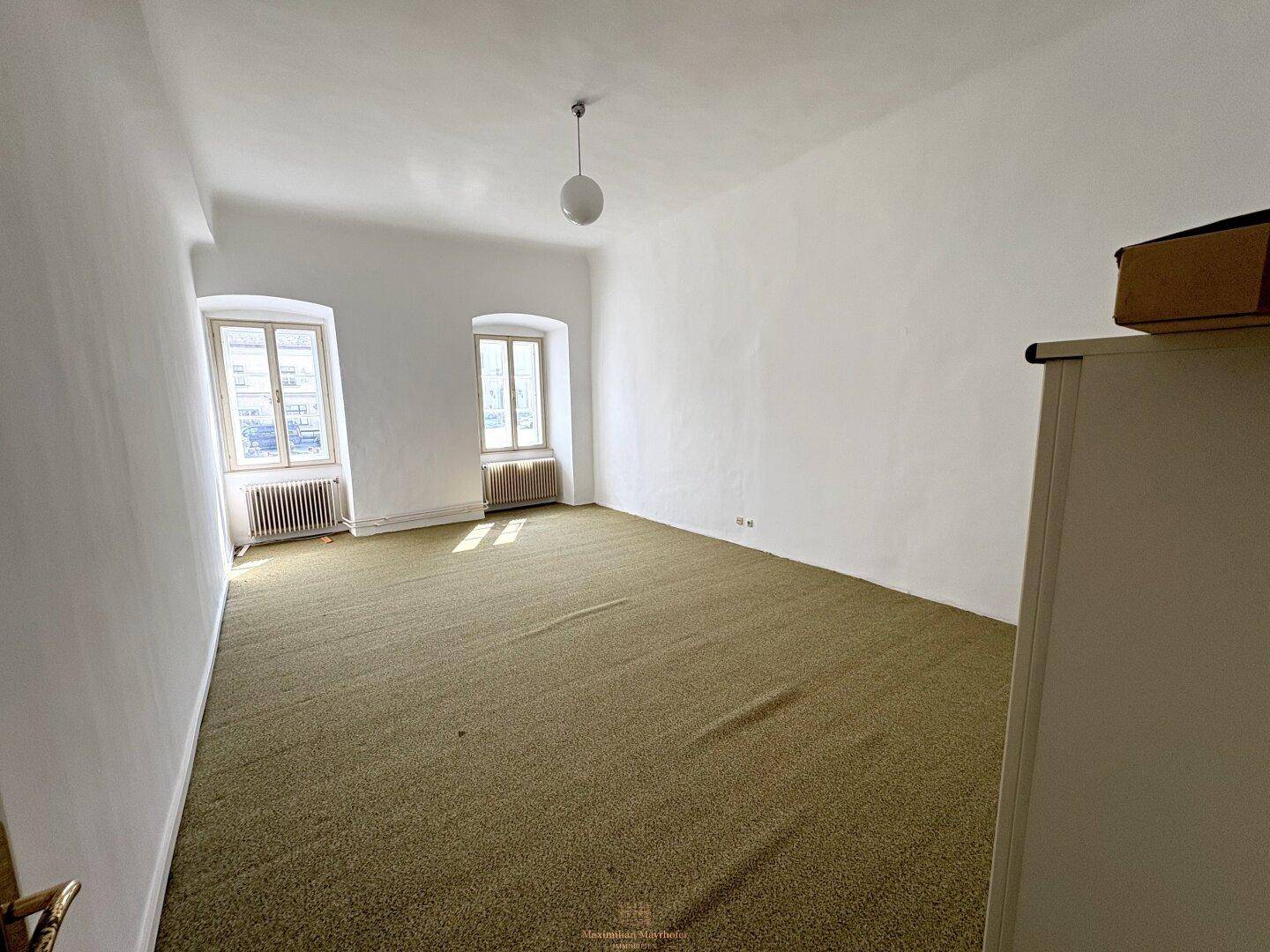Geräumiger Raum mit Teppichboden, weißen Wänden und zwei Fenstern, die viel Licht hereinlassen.