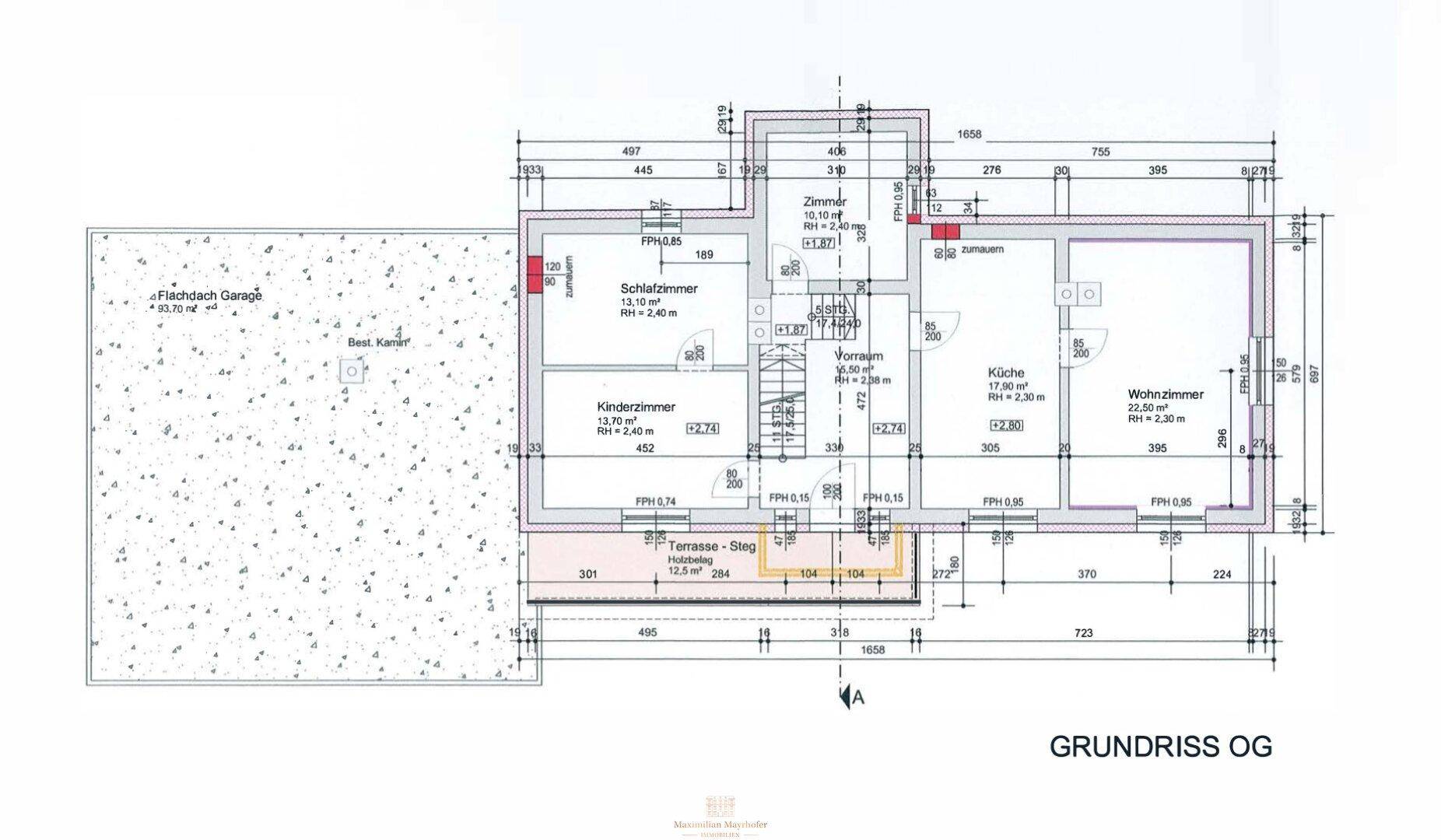 Grundriss des Obergeschosses mit Schlafzimmern, Kinderzimmer, Bad, Küche und Terrasse.
