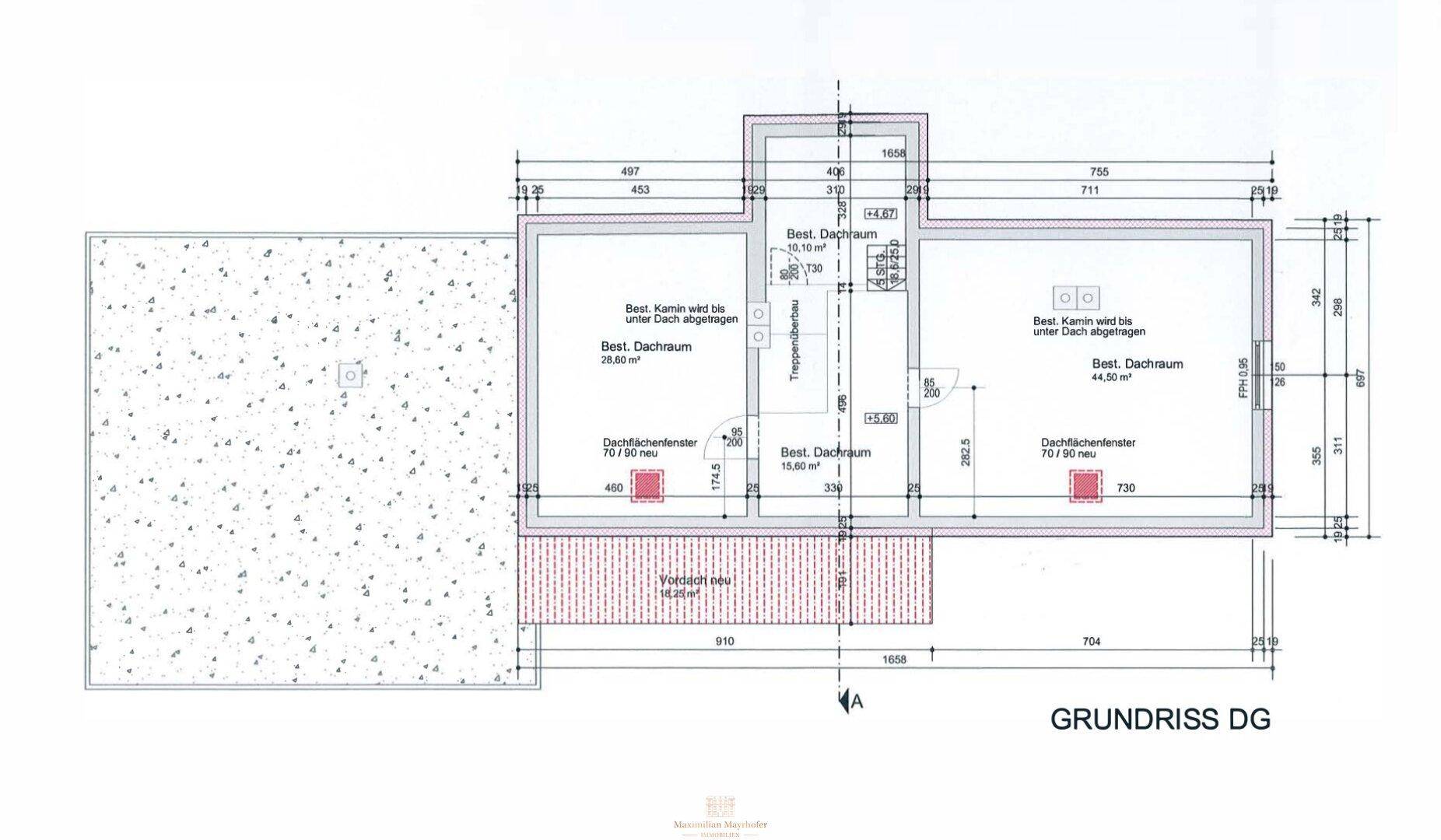 Grundriss des Dachgeschosses mit zwei großen Dachräumen und Dachfenstern.