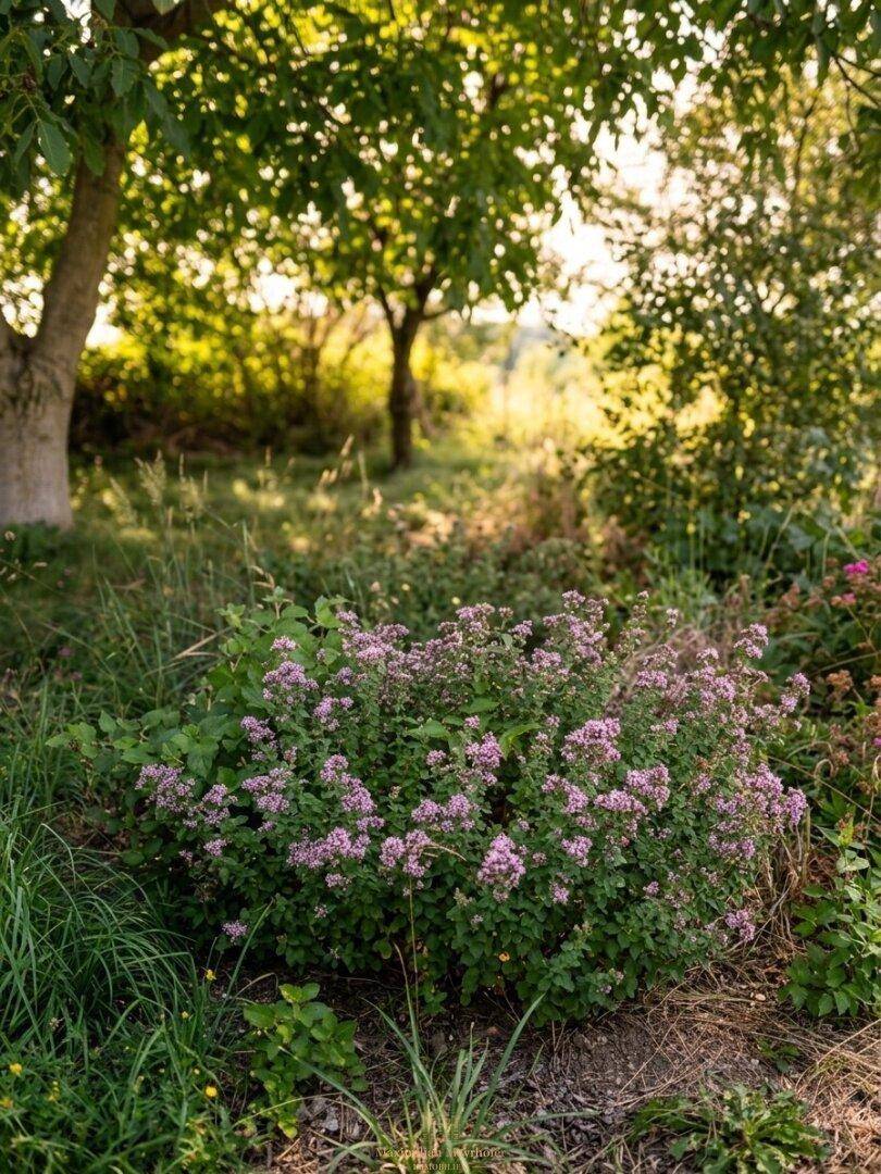 Blühender Strauch mit kleinen lila Blüten in einem sonnigen Gartenbereich mit Bäumen im Hintergrund.