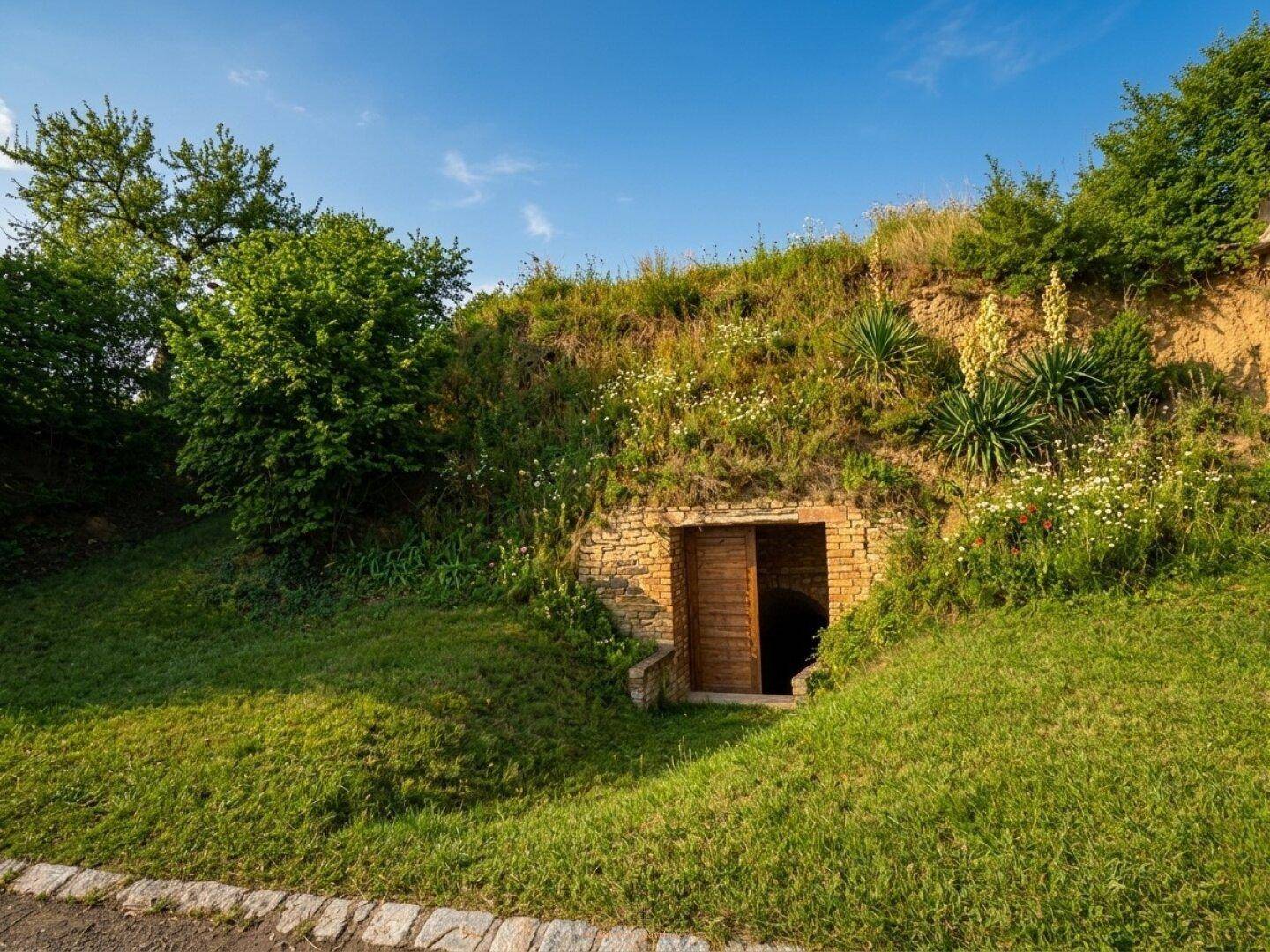 Rustikaler Kellereingang, eingebettet in einen grünen Hügel mit üppiger Vegetation unter blauem Himmel.