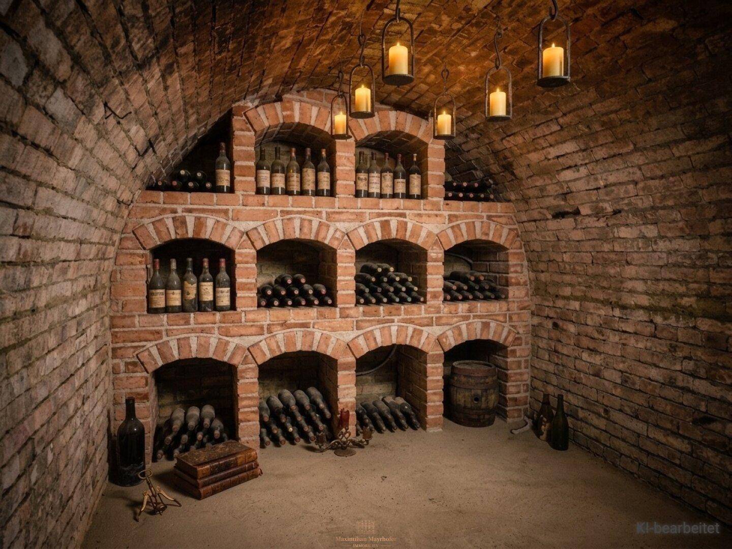 Historischer Weinkeller mit Ziegelgewölbe, integrierten Weinregalen und stimmungsvoller Beleuchtung.
