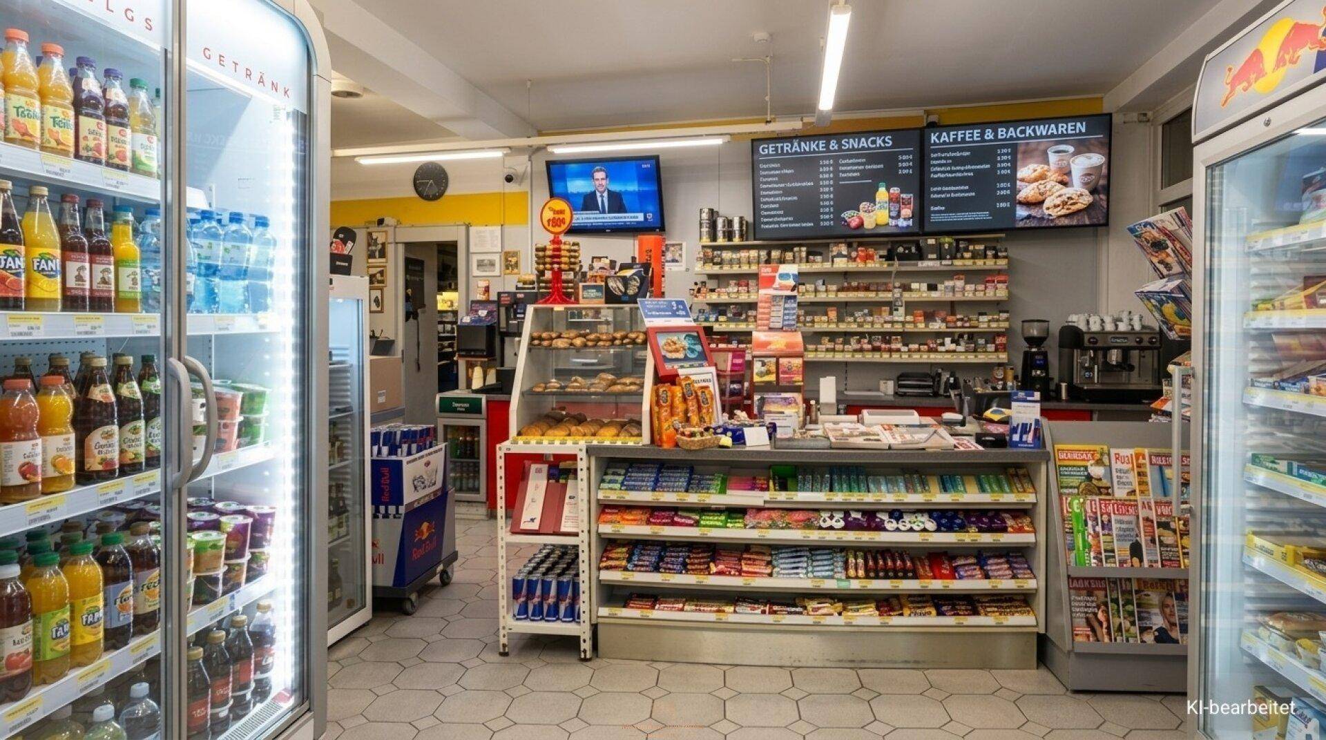Innenansicht eines Tankstellenshops mit Regalen voller Getränke, Snacks und einer Kaffeestation.