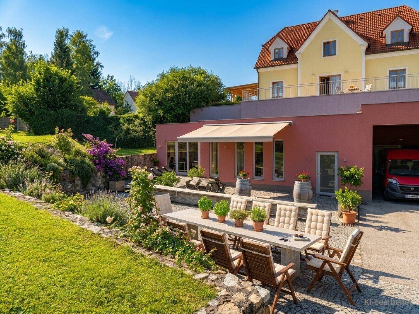 Gepflegter Gartenbereich mit Essplatz im Freien und Blick auf das mehrstöckige Gebäude.