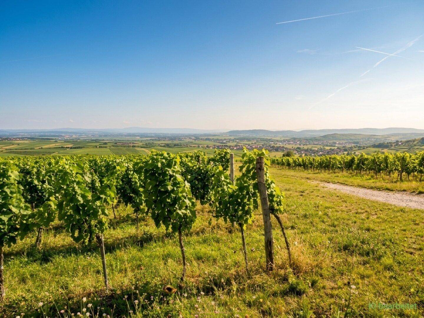 Weitläufige Weinberge mit einem Feldweg und Panoramablick auf die umliegende Landschaft.