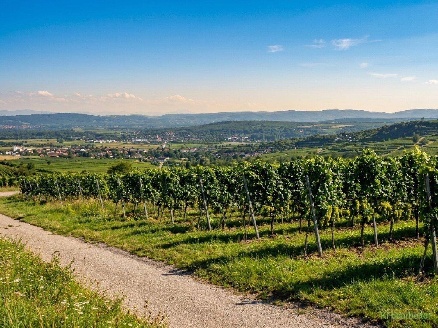 Sonnige Weinberge mit einem Feldweg und weitem Blick über die hügelige Landschaft.