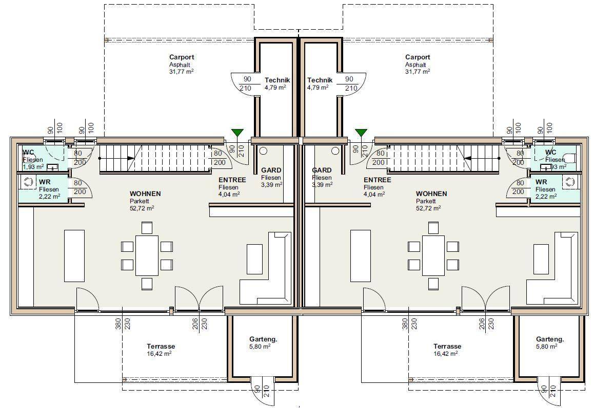 Grundriss des Erdgeschosses mit offenem Wohnbereich, Terrasse und Carport-Zugang.
