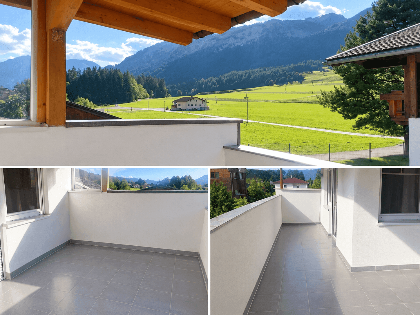 Geräumiger Balkon mit Fliesenboden und einem weiten Blick auf grüne Wiesen und Berge.