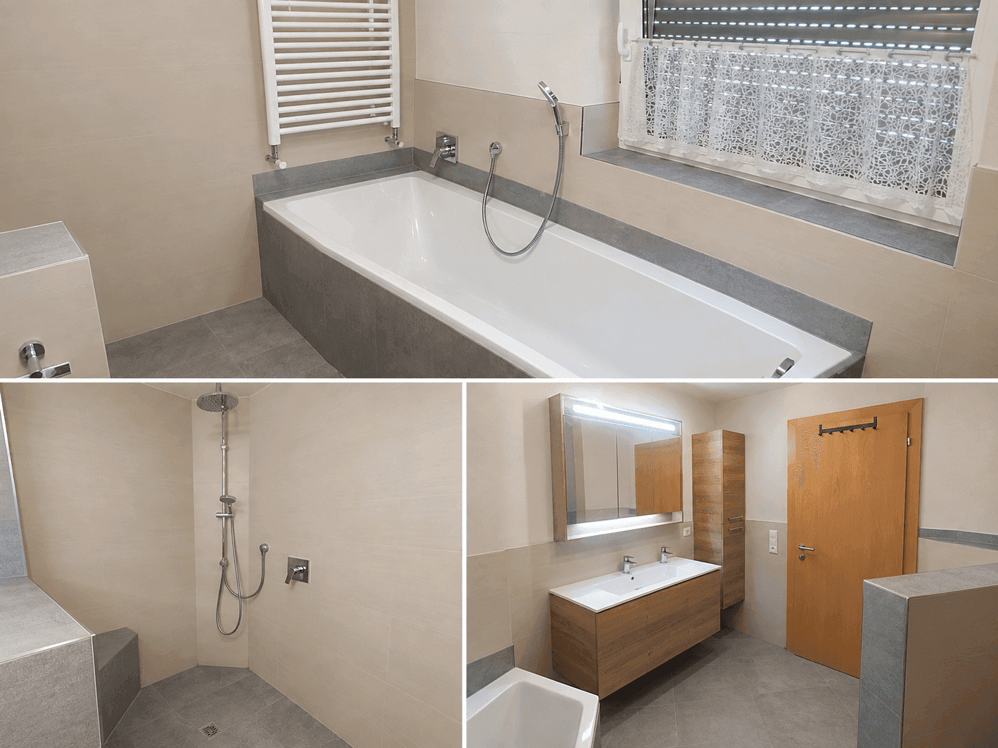 Modernes Badezimmer mit Badewanne, begehbarer Dusche, Doppelwaschbecken und beheiztem Handtuchhalter.
