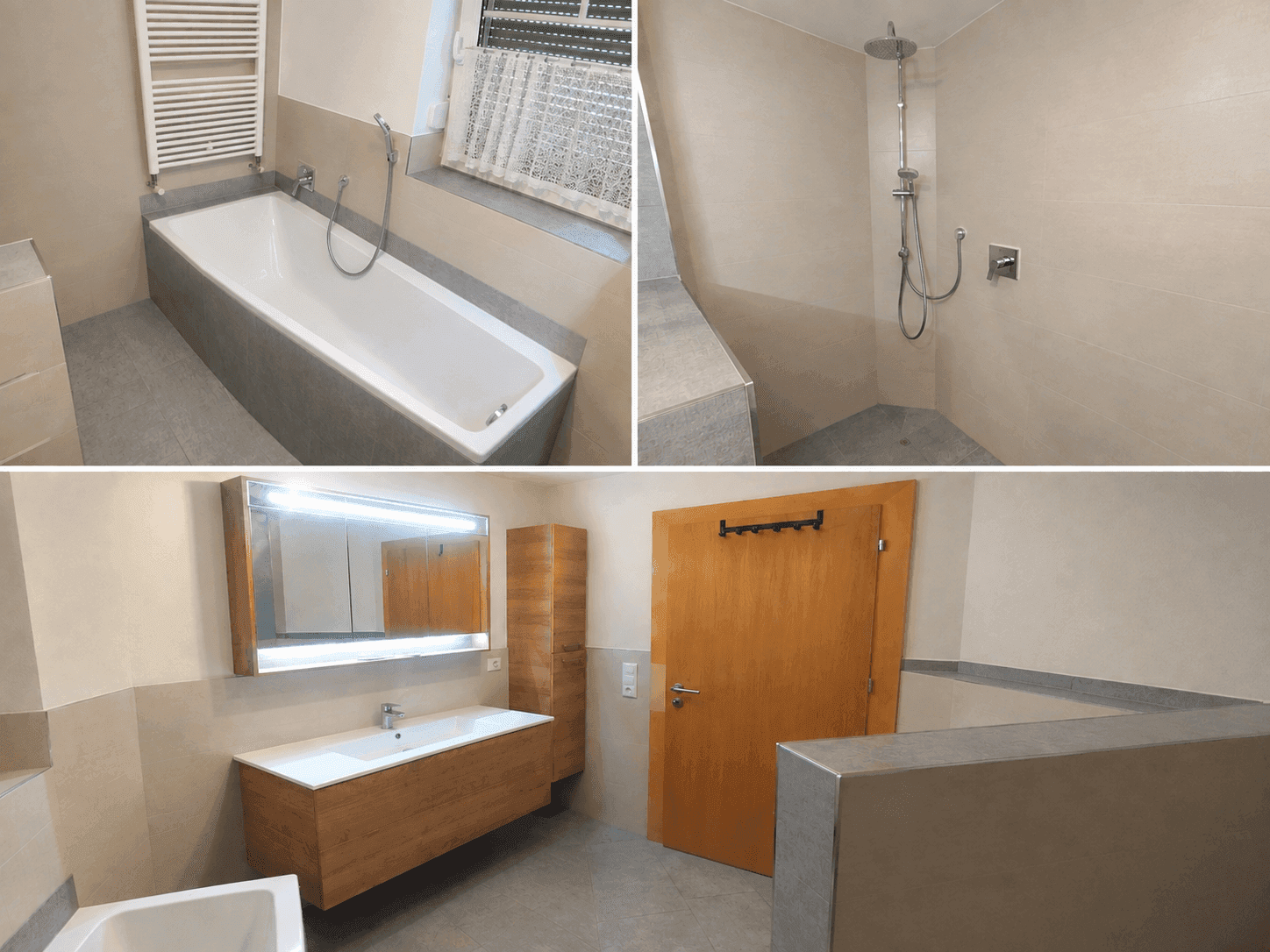 Modernes Badezimmer mit Badewanne, Regendusche, Holzwaschtisch und Fenster für natürliches Licht.