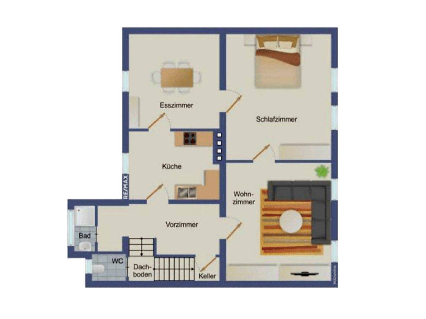 Grundriss des Erdgeschosses mit Wohnzimmer, Schlafzimmer, Küche und Essbereich.