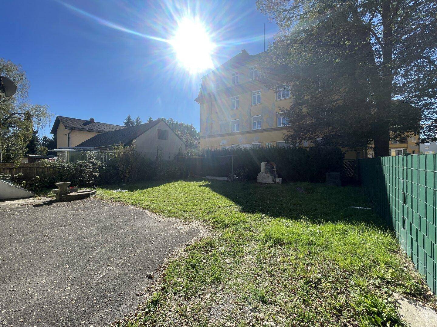 Sonniger Gartenbereich mit Rasenfläche, Hecke und einem Gebäude im Hintergrund.