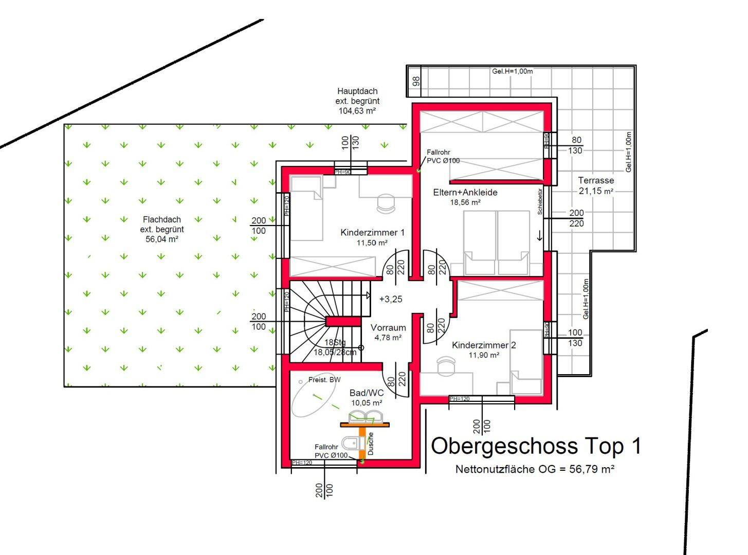 Grundriss des Obergeschosses mit zwei Kinderzimmern, Elternschlafzimmer, Bad und Terrasse.