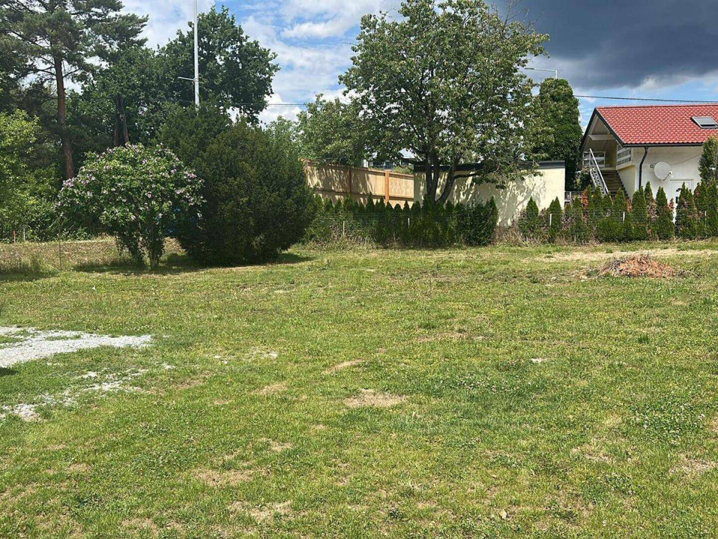 Eine grüne Wiese mit Bäumen und Hecken, im Hintergrund ist ein Haus mit rotem Dach sichtbar.