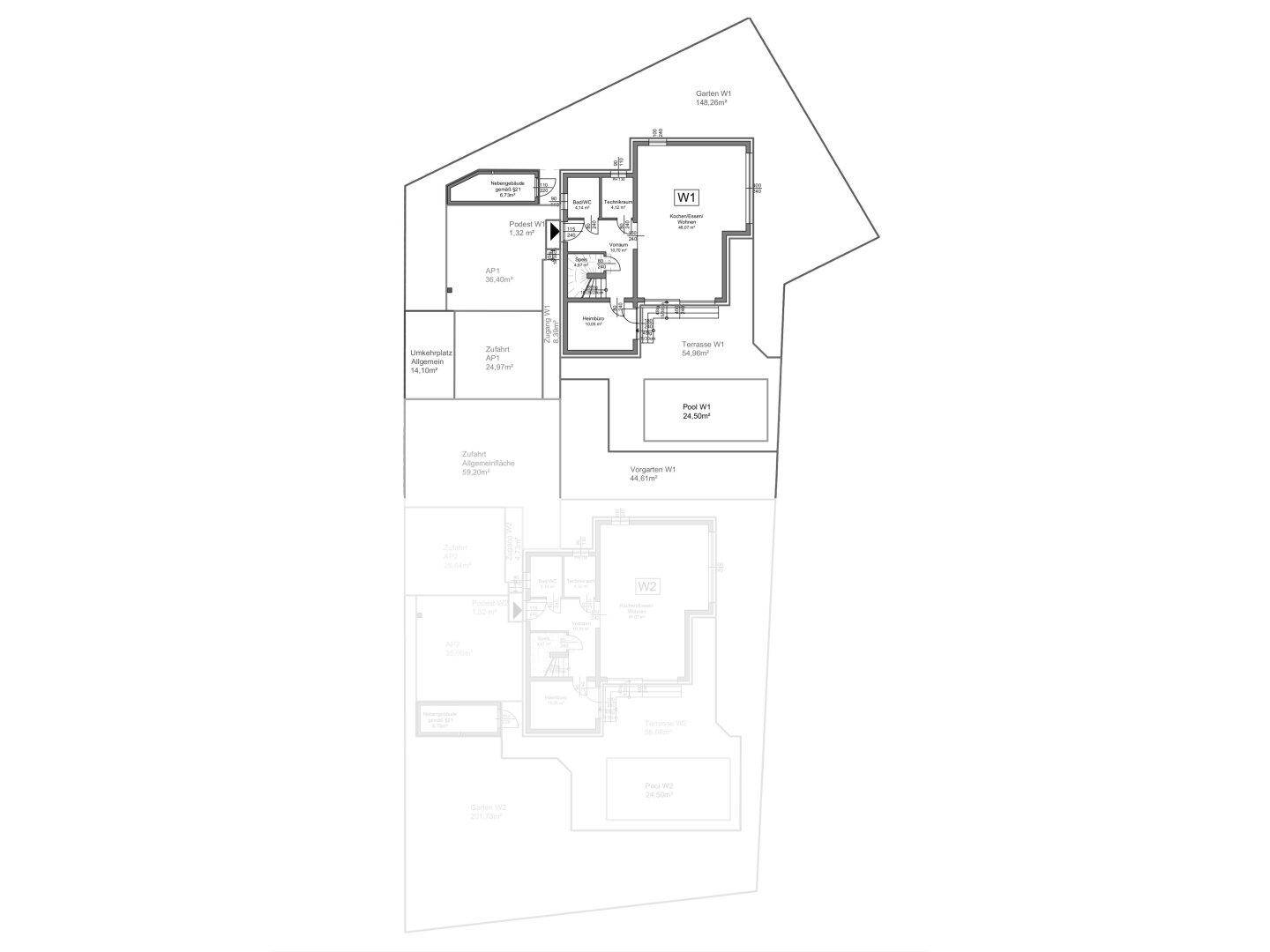 Gesamtübersicht des Grundstücks mit der Anordnung der Gebäude, Terrassen und des Pools.