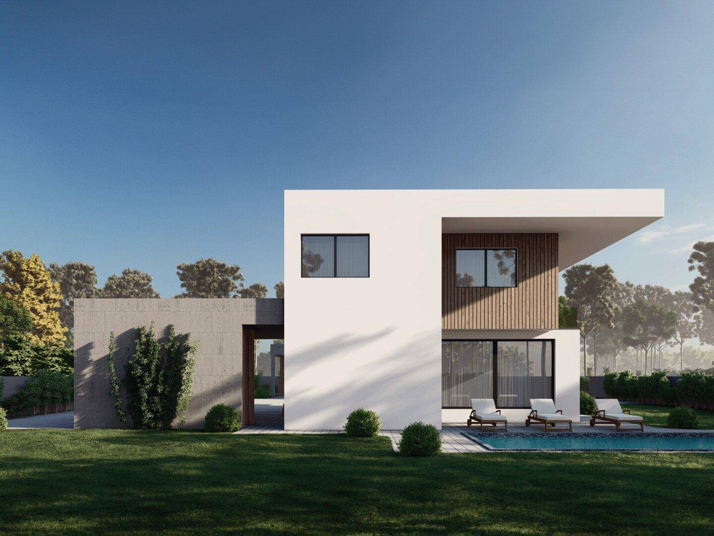 Zeitgenössisches Hausdesign mit klaren Linien, Betonwand und privatem Pool im Grünen.