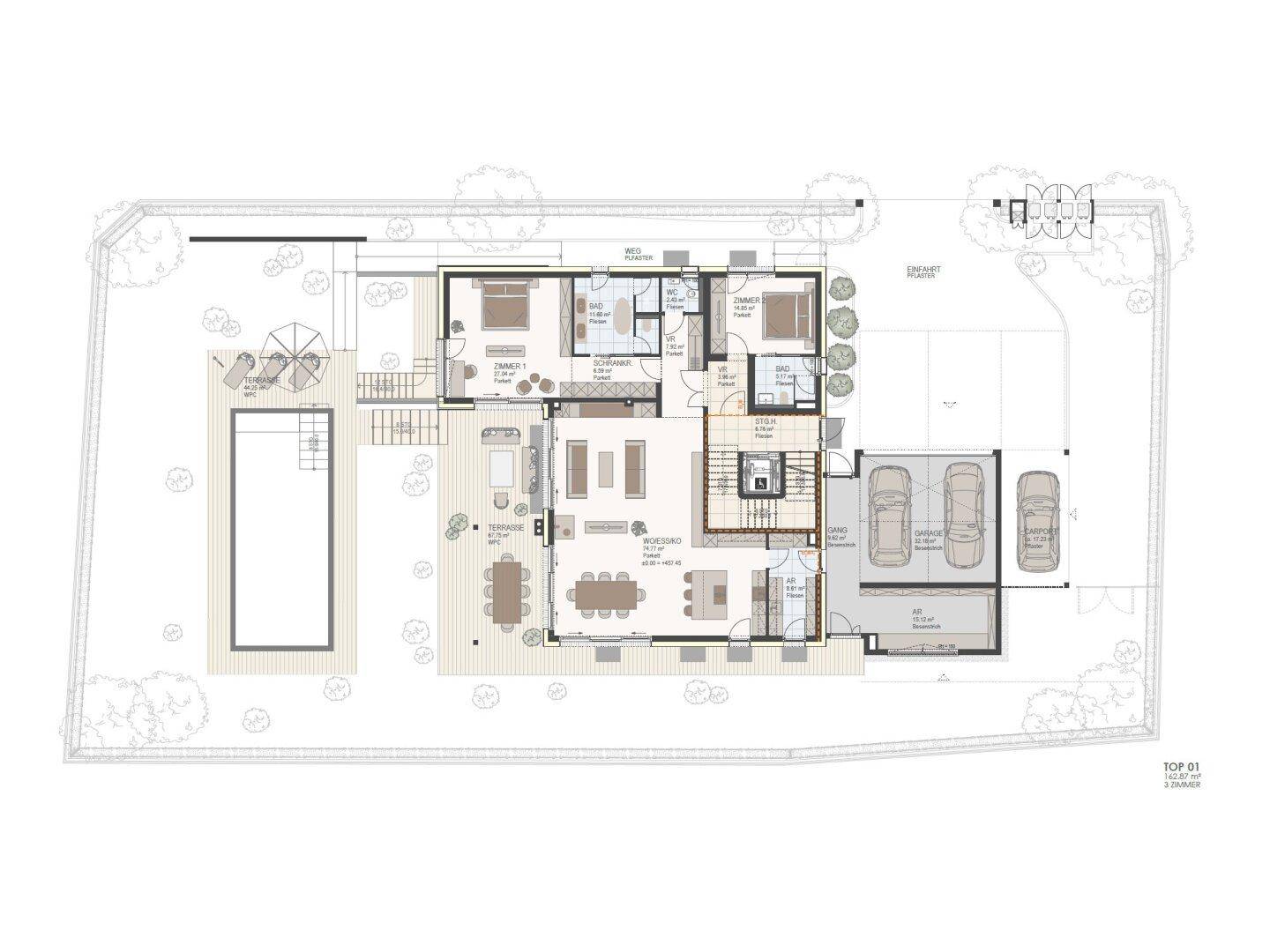 Grundriss des Erdgeschosses mit offenem Wohnbereich, Terrasse, Pool und Doppelgarage.