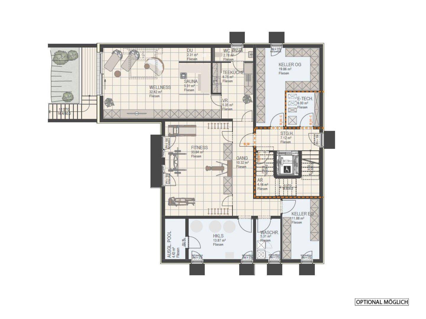 Grundriss des Untergeschosses mit Wellnessbereich, Sauna, Fitnessraum und Technikräumen.