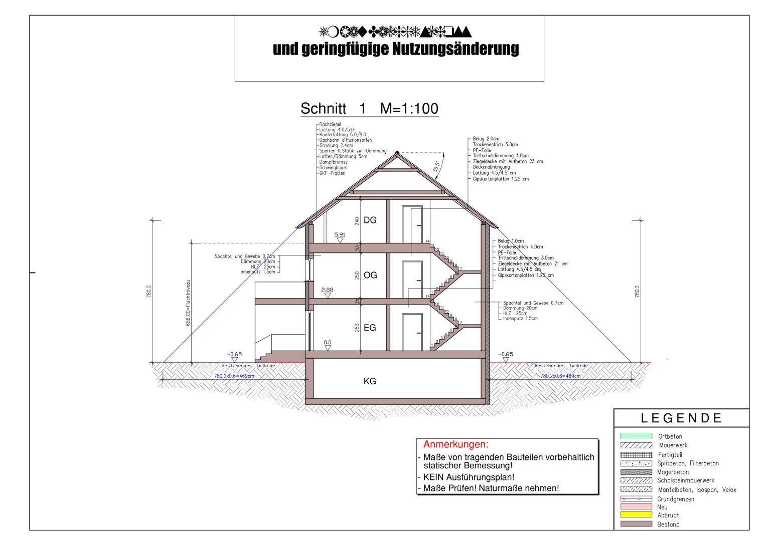 Schnittzeichnung des Gebäudes zeigt Keller, Erdgeschoss, Obergeschoss und Dachgeschoss.