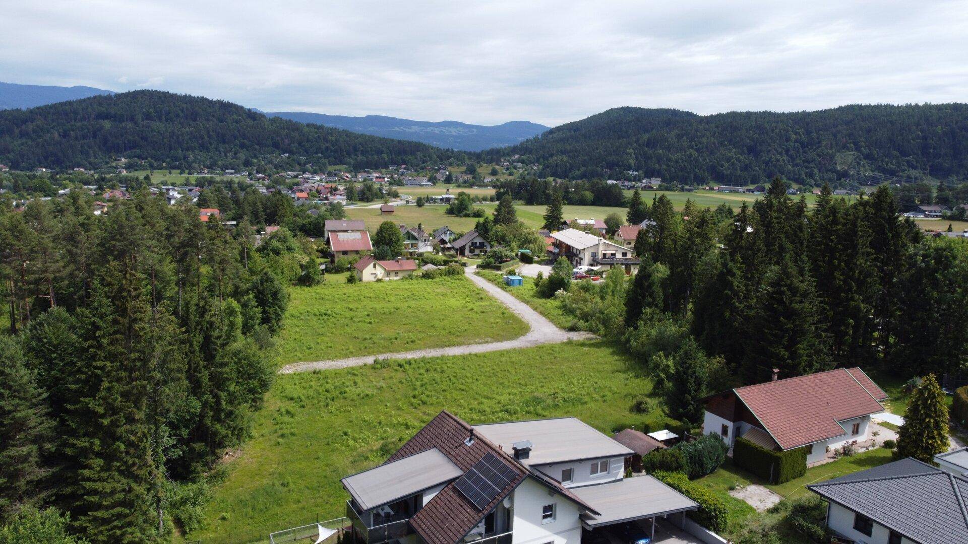 Panoramablick aus der Luft auf eine ländliche Wohngegend mit Häusern, Feldern und Wäldern.