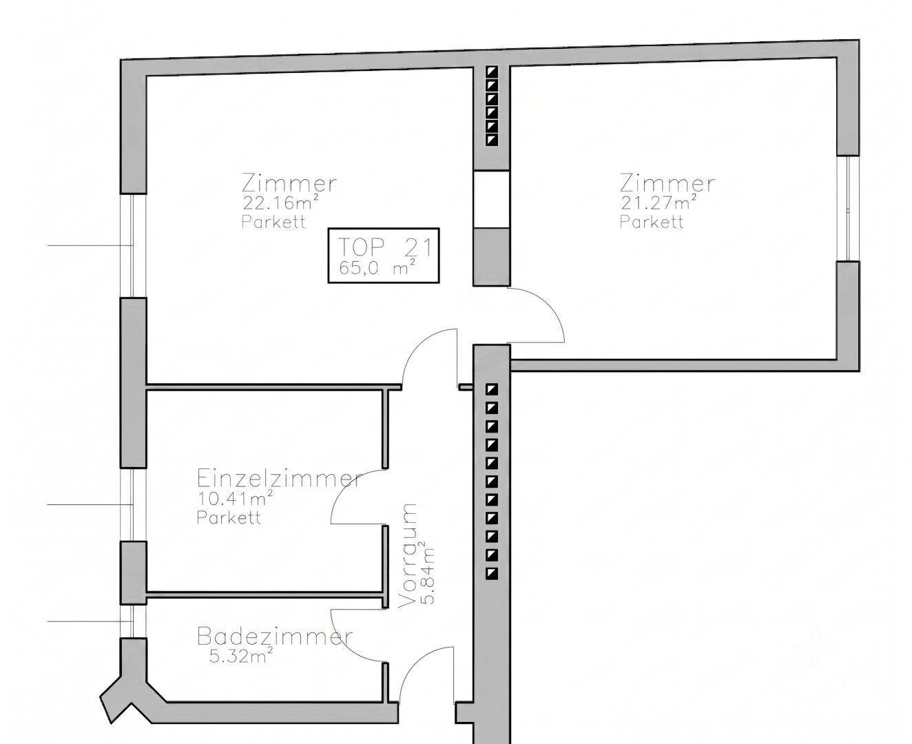 Grundriss einer 65 m² Wohnung mit drei Zimmern, Bad und Vorraum.