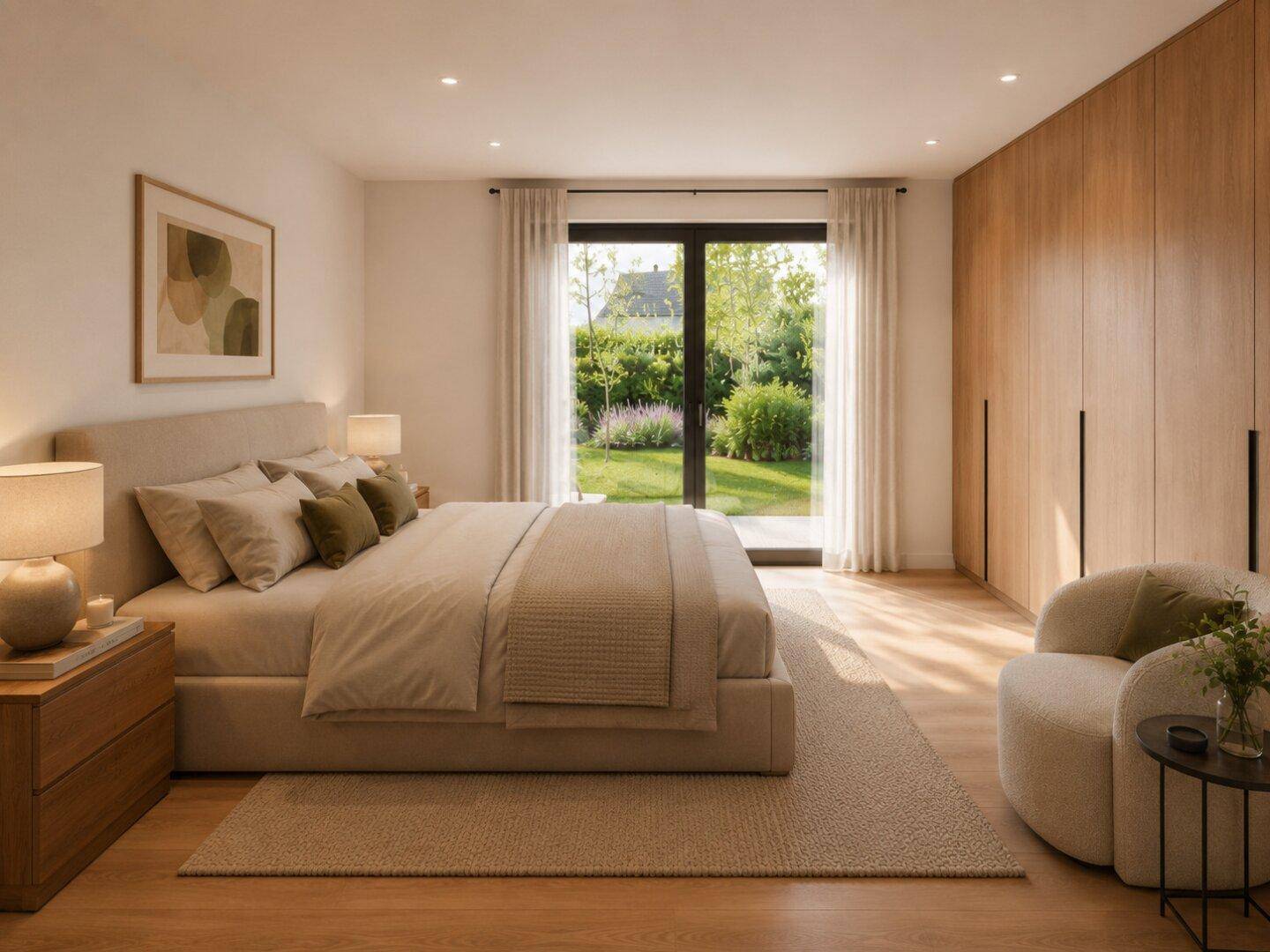Ruhiges Schlafzimmer mit Holzboden, Einbauschränken und direktem Zugang zum grünen Garten.