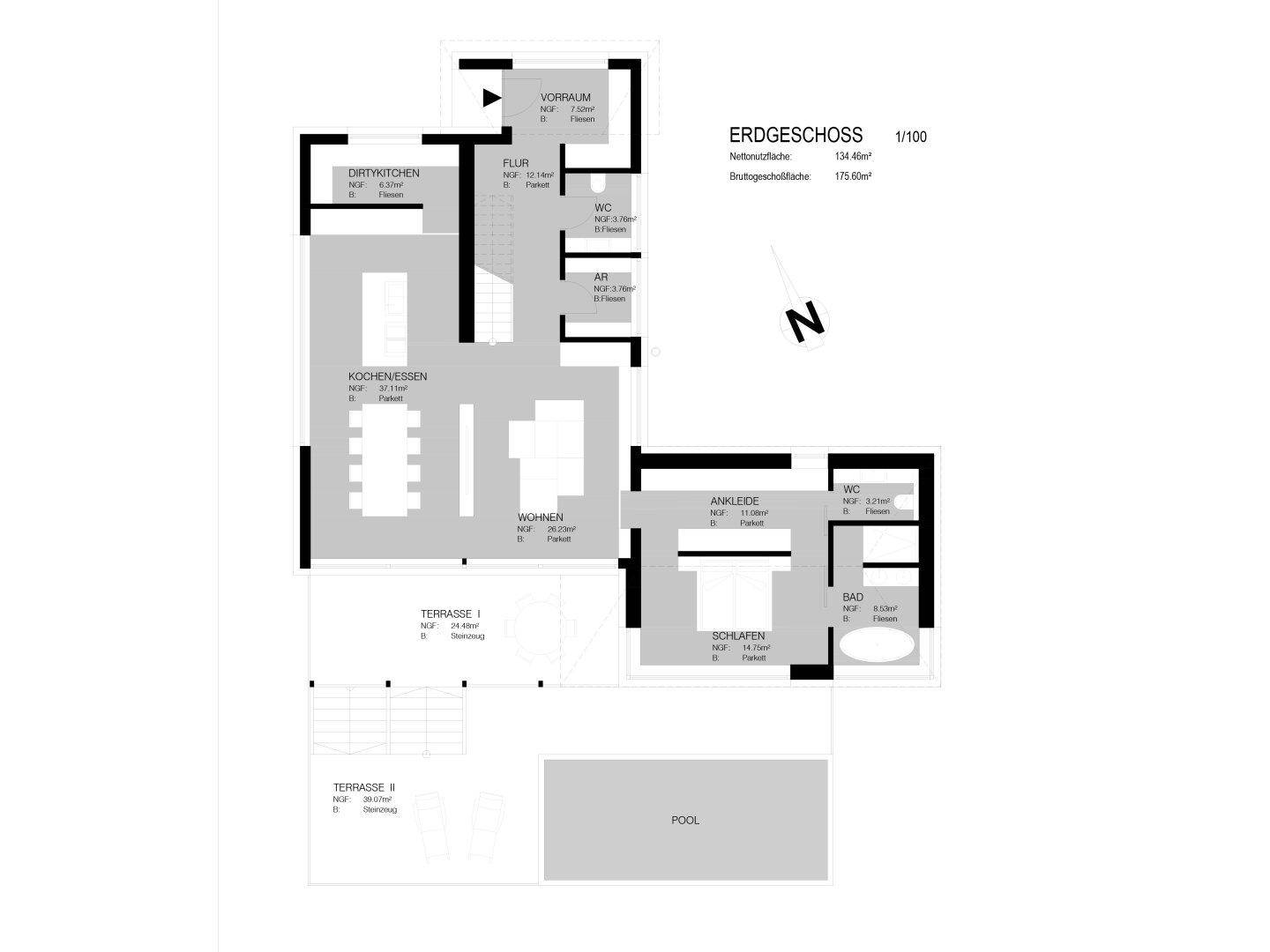 Grundriss des Erdgeschosses mit offenem Wohnbereich, Küche, Esszimmer und zwei Terrassen mit Pool.