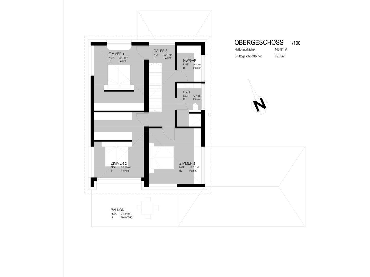 Grundriss des Obergeschosses mit drei Schlafzimmern, einem Badezimmer und einem Balkon.