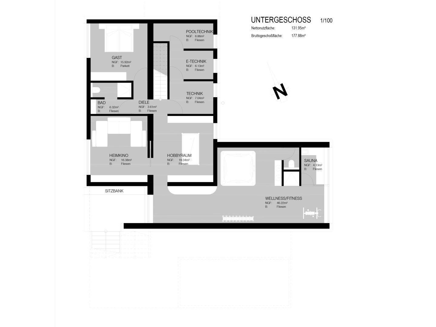 Grundriss des Untergeschosses mit Gästezimmer, Heimkino, Hobbyraum, Wellnessbereich und Sauna.