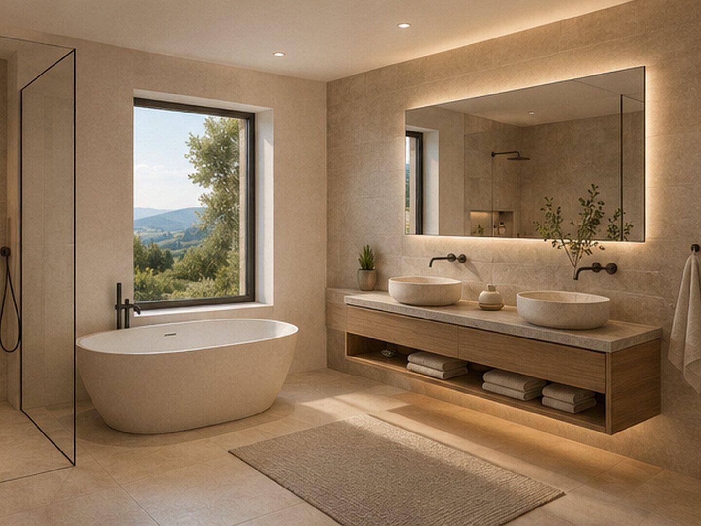 Modernes Badezimmer mit freistehender Badewanne, Doppelwaschbecken und großem Fenster mit Ausblick.