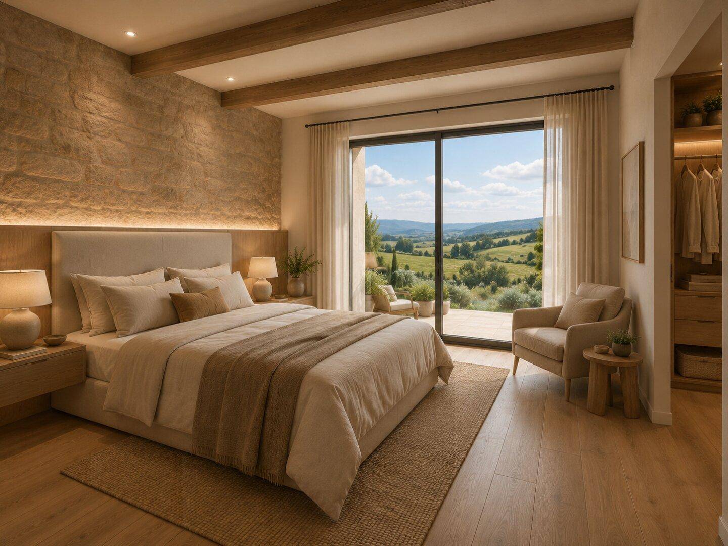 Gemütliches Schlafzimmer mit Steinwand, Holzbalken und Zugang zu einer Terrasse mit Landschaftsblick.