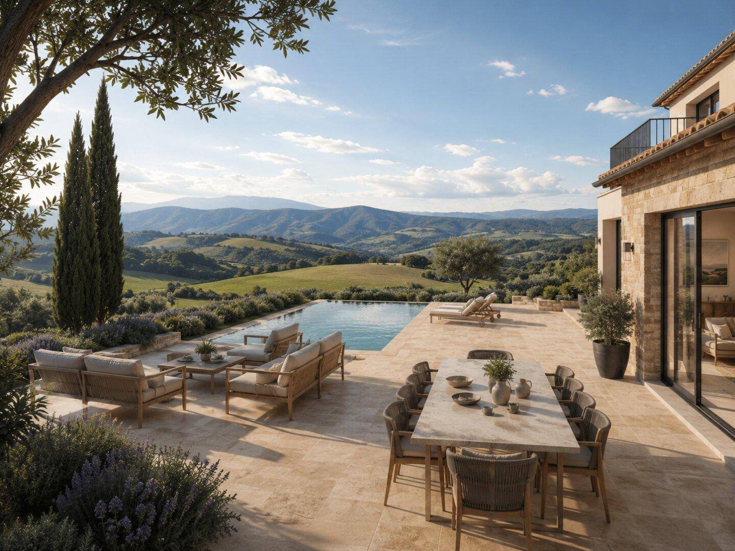 Großzügige Terrasse mit Infinity-Pool, Essbereich und atemberaubendem Blick auf die umliegende Hügellandschaft.