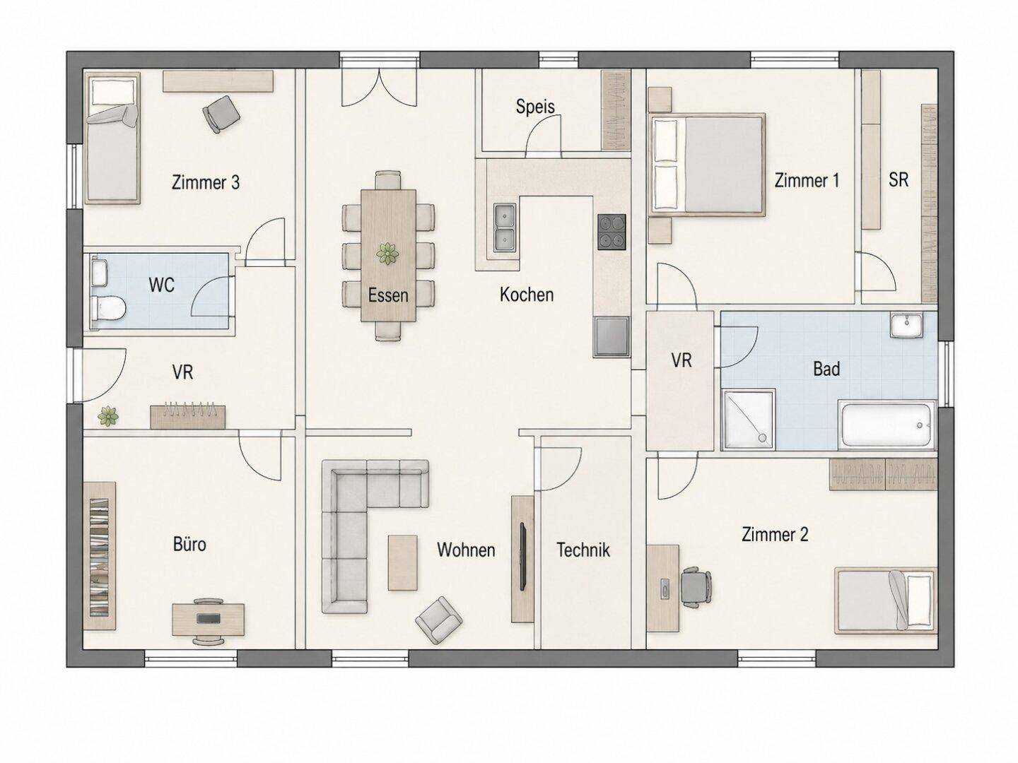 Detaillierter Grundriss des Hauses mit mehreren Zimmern, Küche, Ess- und Wohnbereich.