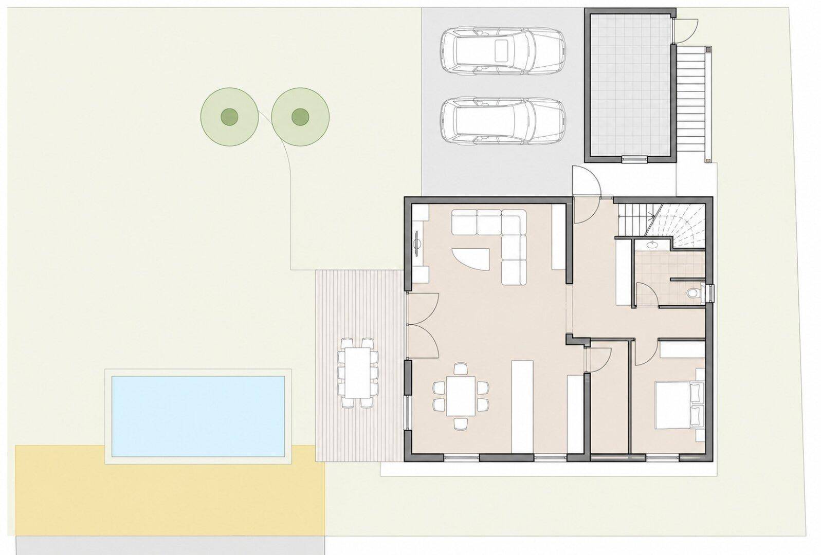 Grundriss des Erdgeschosses mit offenem Wohnbereich, Terrasse und Pool im Garten.