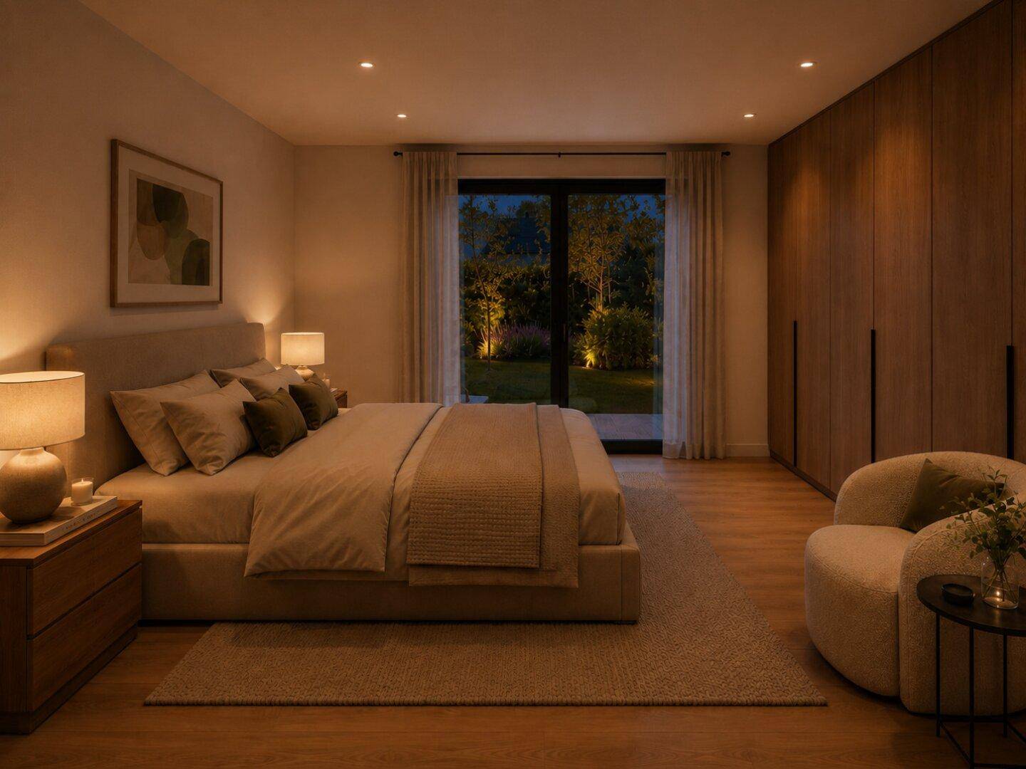 Gemütliches Schlafzimmer mit Holzboden, Einbauschränken und direktem Zugang zum Garten.