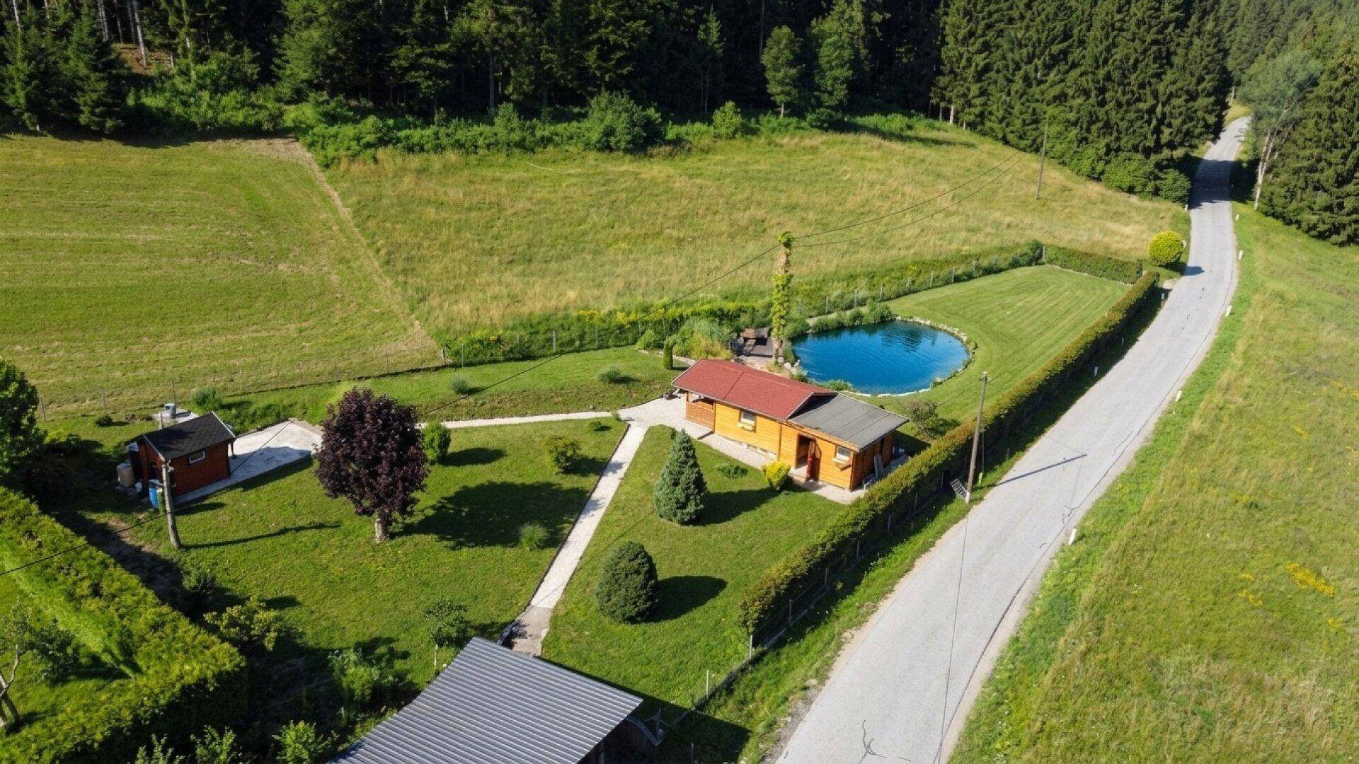 Weitläufiges Anwesen mit Holzhaus, Teich und Garten, angrenzend an eine Landstraße und Wald.